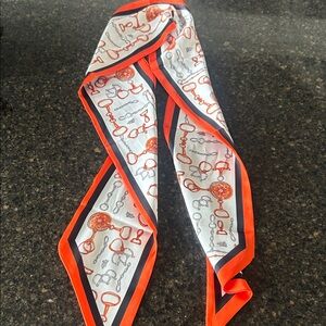 Silk Twilly Scarf in White and Orange with Chain Print